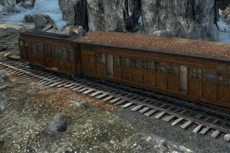 Prompt: A model train set in skyrim