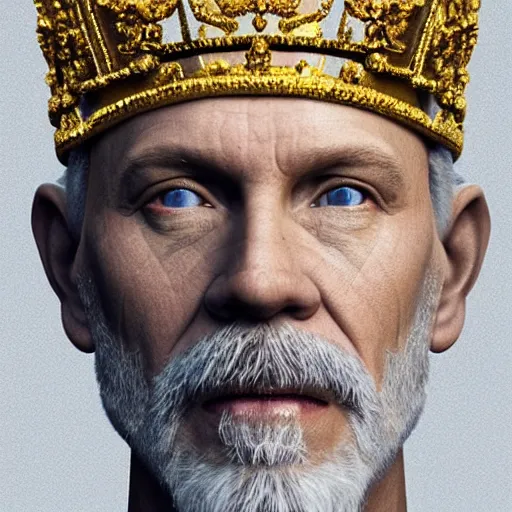 Image similar to John Malkovich with a diamond jeweled crown with a golden crown, photorealistic, highly detailed, 8k, in the art style of Filip Hodas, 8k