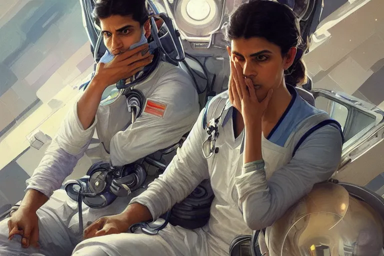 Image similar to Exhausted good looking pale young Indian doctors wearing jeans in a space station above Earth performing surgery, portrait, elegant, intricate, digital painting, artstation, concept art, smooth, sharp focus, illustration, art by artgerm and greg rutkowski and alphonse mucha