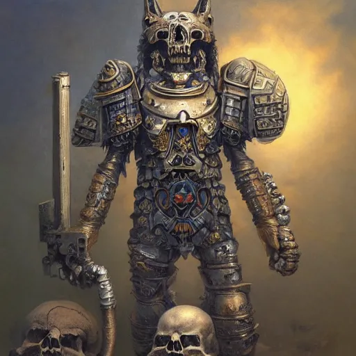 Prompt: , bismuth metal skullknight armor, anthropomorphic shiba inu, standing, cementary of skulls, fantasy 3 d render, masterpiece, red aura, by donato giancola and greg rutkowski and wayne barlow and zdzisław beksinski, realistic face