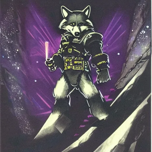 Image similar to 1 9 8 0 s video game art of anthropomorphic wolf o'donnell from starfox fursona furry wolf in a dark space mercenary uniform, looking heroic, magazine scan, 8 0 s game box art, dark grey wolf o'donnell