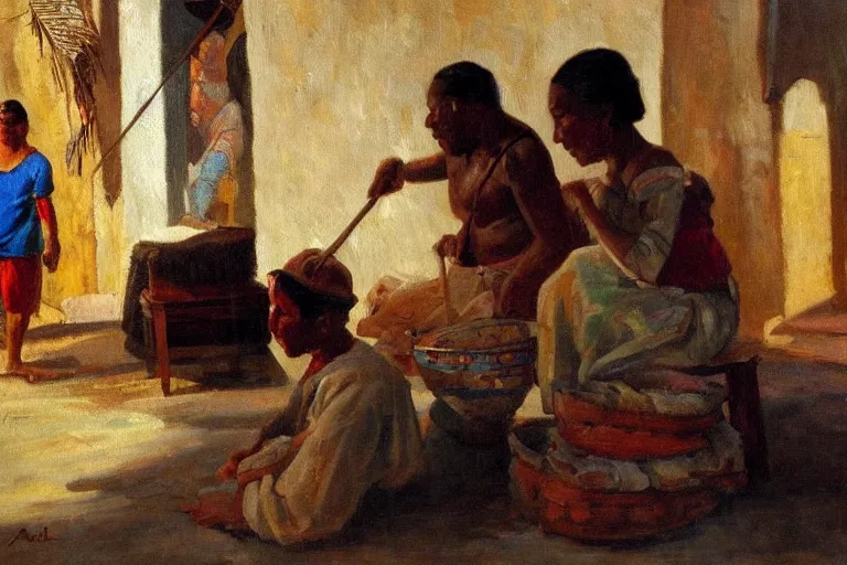 Image similar to Casimiroid native binding tools, genre painting (everyday life by portraying ordinary people), morning light, Archaic cuba, artstation, oil on canvas, by Albert Aublet, Private Collection