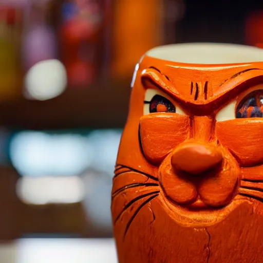 Image similar to a closeup photorealistic photograph of a glossy orange cat garfield style tiki mug sitting at a trader vic's bar featuring garfield's face. tiki party. bright scene. fine detail. this 4 k hd image is trending on artstation, featured on behance, well - rendered, extra crisp, features intricate detail, epic composition and the style of unreal engine.