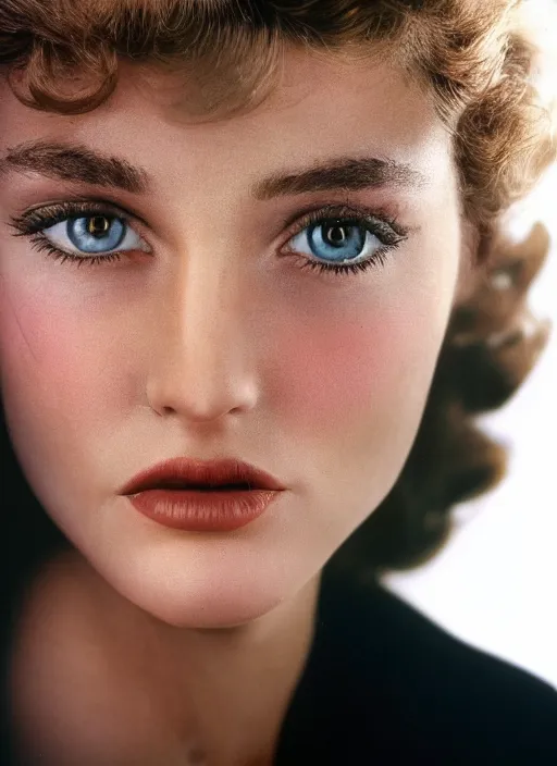 Prompt: hyper realistic and detailed closeup vintage photo of a female supermodel with beautiful shiny eyes black background lit from the side by annie leibovitz