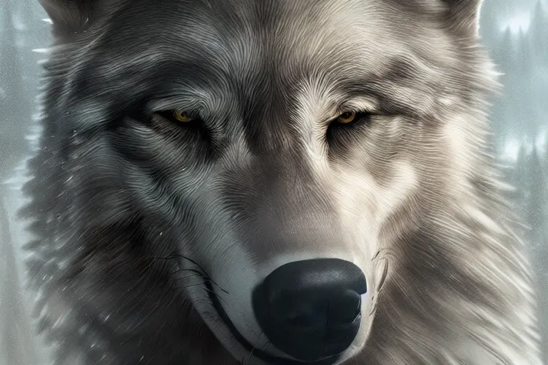 Image similar to woman living with wolves, highly detailed, photorealistic, reflections, smooth, sharp focus, concept art, illustration, beautiful, geometric, trending on artstation, cinematic, featured on behance , artwork by WLOP and Tran, Ross