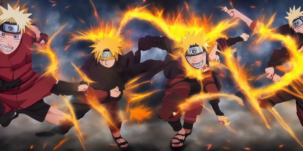 Image similar to naruto fighting madara, fantasy style, realistic, 4 k,