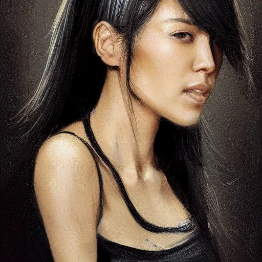 Image similar to Portrait of a woman by Greg Rutkowski, she is about 30 years old, mixture between korean, indian and arabian, pretty, black straigh hair with bangs, attractive, tall and slim, she is wearing a black tank top, highly detailed portrait, scifi, digital painting, artstation, concept art, smooth, sharp foccus ilustration, Artstation HQ