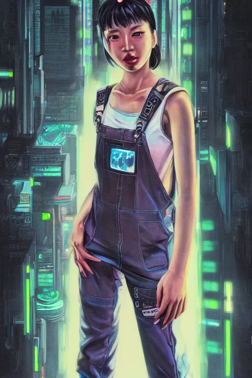 Image similar to a full body illustration of an Asian female cyberpunk character wearing dungarees, highly detailed, oil on canvas, soft lighting, neon pastel colors, by Glenn Fabry, HD, 4K