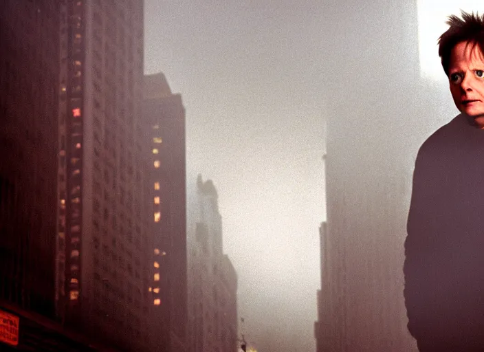 Image similar to film footage of giant michael j. fox in a foggy city, eerie, monster movie, 8 k, 8 5 mm f 1. 8, studio lighting, rim light, right side key light