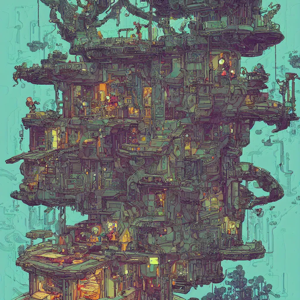 Image similar to Stunningly intricate illustration of an explorer playing video games in his treehouse, wearing cyberpunk headpiece, highly detailed, midnight, by Josan Gonzalez and James Gilleard , Moebius, Laurie Greasley