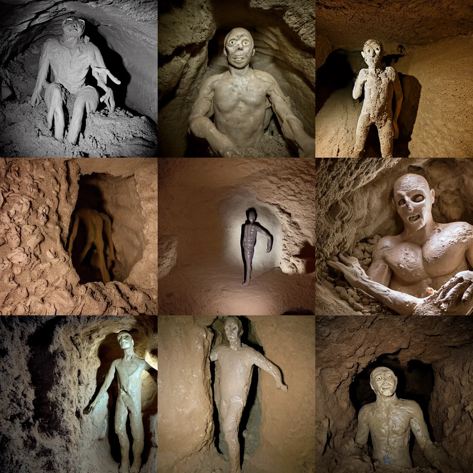 Image similar to found footage of a man made of clay emerging from a wall inside of a cave made of clay, creepy, flash photography, unsettling, moist