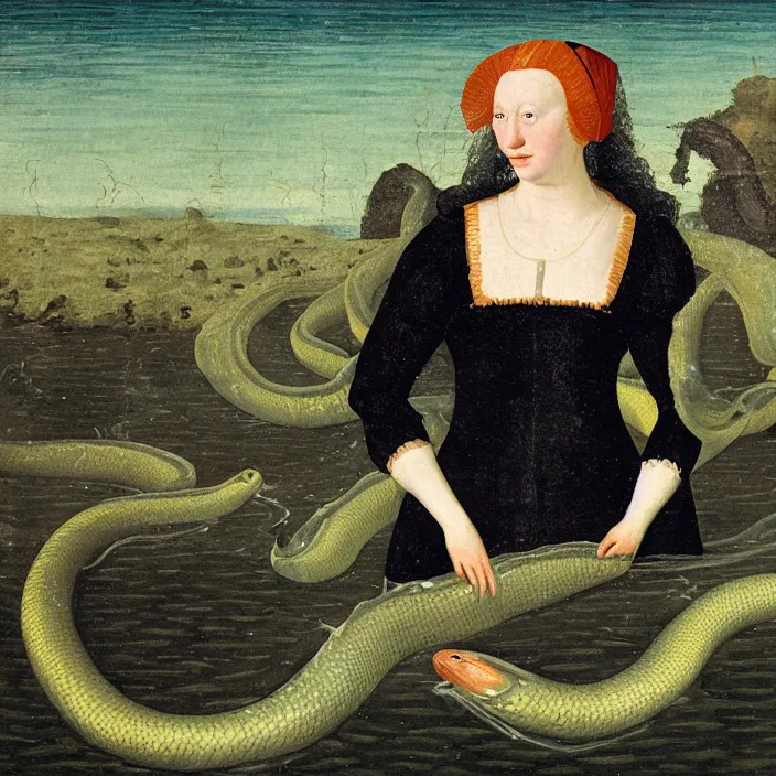 Prompt: a closeup portrait of a woman, swimming in a lake full of millions of eels and jellyfish, early netherlandish painting