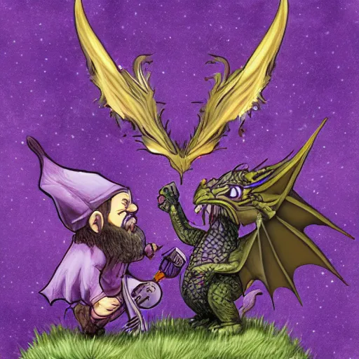 Image similar to purple dragon tames a gnome, fantasy illustration