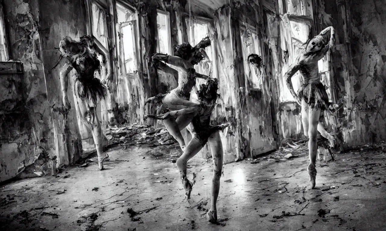Image similar to a pair of horror zombie ballerina's in black tutu dancing swanlake in a rundown, moldy and dirty theater. light is coming in via stained windows, henri cartier besson