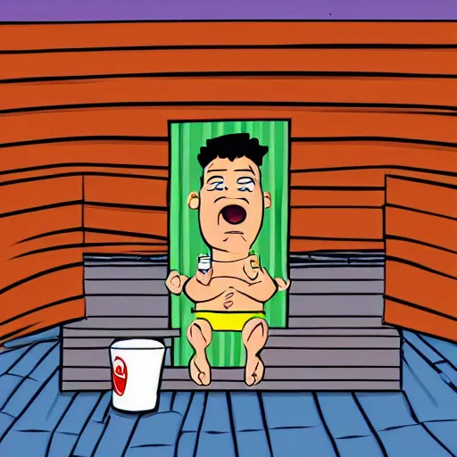 Prompt: Photo of Muumi cartoon, sitting in the sauna, drinking a beer, 90s cartoon style,