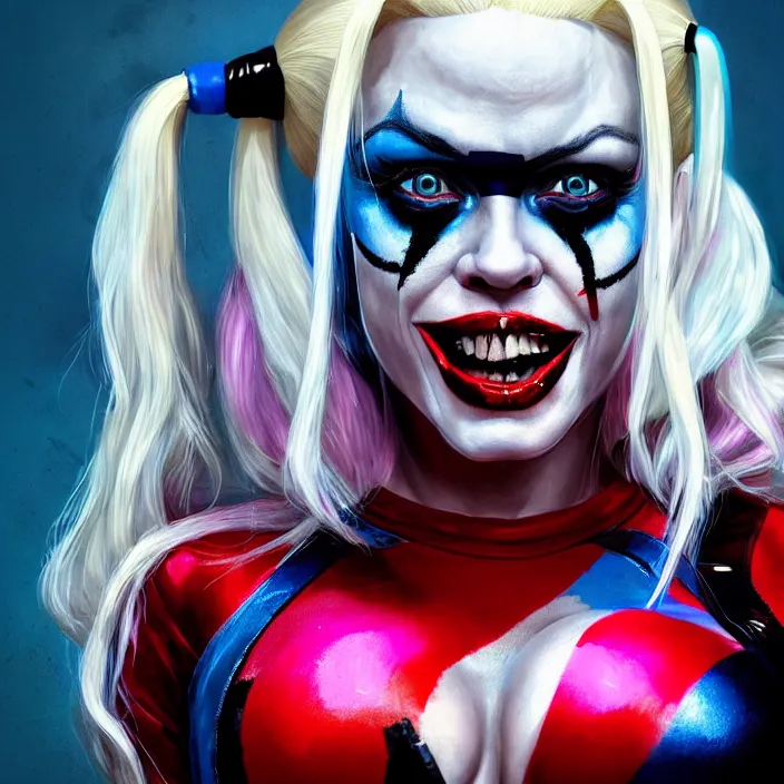 Image similar to portrait of Pamela Anderson as a harley quinn in Suicide Squad. intricate. intricate artwork. by Tooth Wu, wlop, beeple, dan mumford. octane render, trending on artstation, greg rutkowski very coherent symmetrical artwork. cinematic, hyper realism, high detail, octane render, 8k, iridescent accents