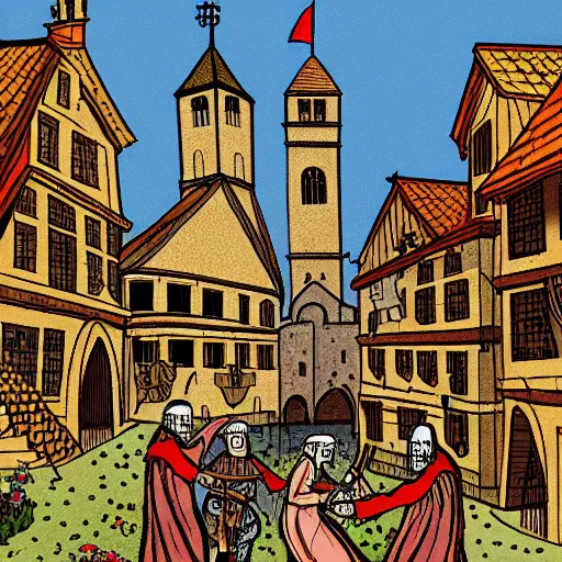 Prompt: a medieval city, medieval illustration