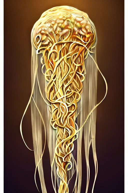 Prompt: beautiful spaghetti jellyfish, ethereal art deco, fantasy, intricate art deco pasta designs, elegant, highly detailed fractals, sharp focus, art by artgerm and beeple and greg rutkowski and wlop