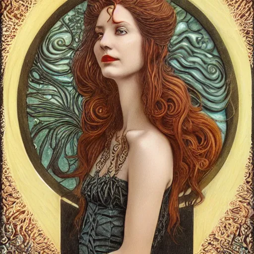 Image similar to facial portrait of a young pretty woman in flowing dress, arrogant, mysterious, long fine flowing hair, delicate, looking at camera, slightly awkward smile, realistic face, hands behind back, intricate, stylish, elegant, grimdark fantasy, flowers, art nouveau, extremely detailed painting inspired by Gerald Brom and Ernst Haeckel and Kaluta