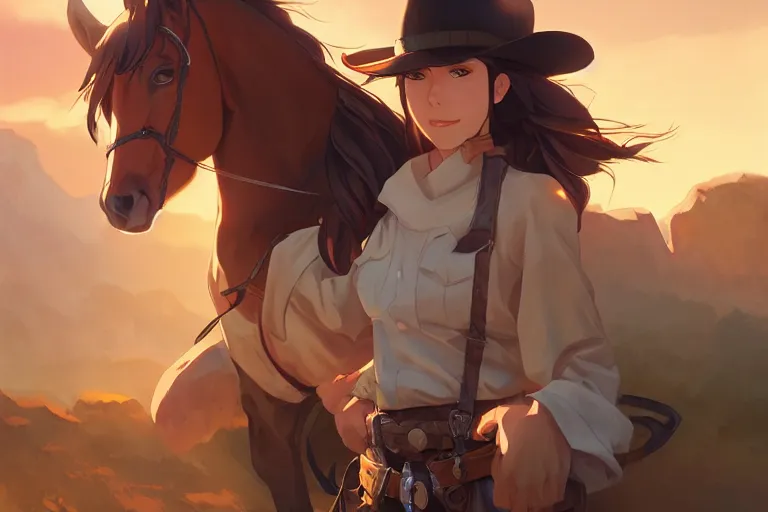 Image similar to western cowgirl, single subject, scenic full shot, ambient lighting, detailed face, by makoto shinkai, stanley artgerm lau, wlop, rossdraws