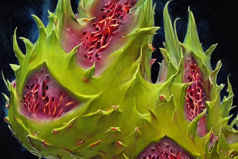 Image similar to dragonfruit wizard, painted by wendy froud and wayne douglas barlowe, trending on artstation, bright closeup view movie poster, mandelbulb 3 d, fresco, watercolor painting, daguerreotype