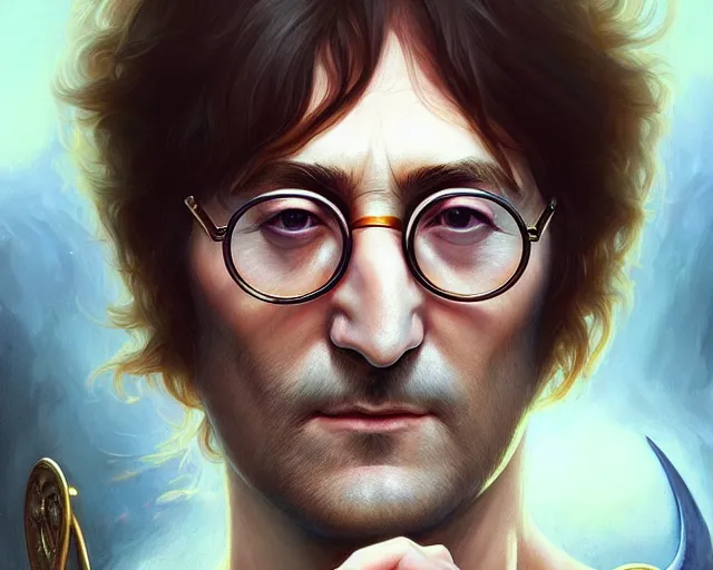 Image similar to john lennon, 8 k, deep focus, d & d, fantasy, intricate, elegant, highly detailed, digital painting, artstation, concept art, matte, sharp focus, illustration, hearthstone, art by artgerm and greg rutkowski and alphonse mucha