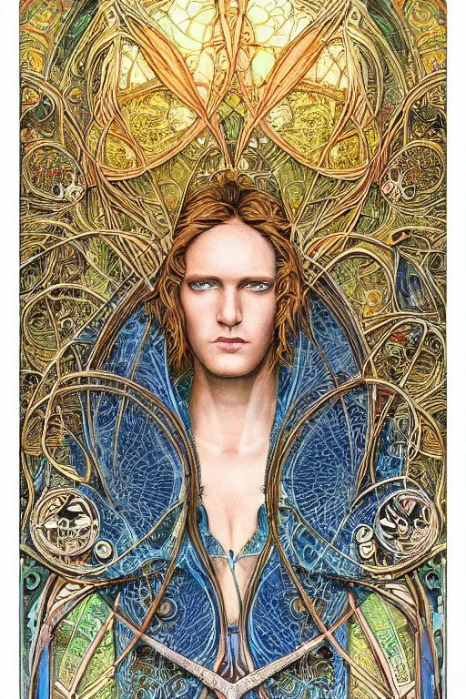 Image similar to A hyper-detailed, ultra-detailed, full-color photorealistic mixed media painting of Sandman Morpheus, perfectly symmetrical art nouveau portrait structure at night in the winter, full-color p. craig russell illustration in fineliner style,