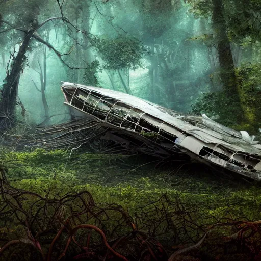 Image similar to a flying vessel wreckage lying down in a thick forest, vines growing on top, 8 k, hyper realism, artstations, concept art, cinematic