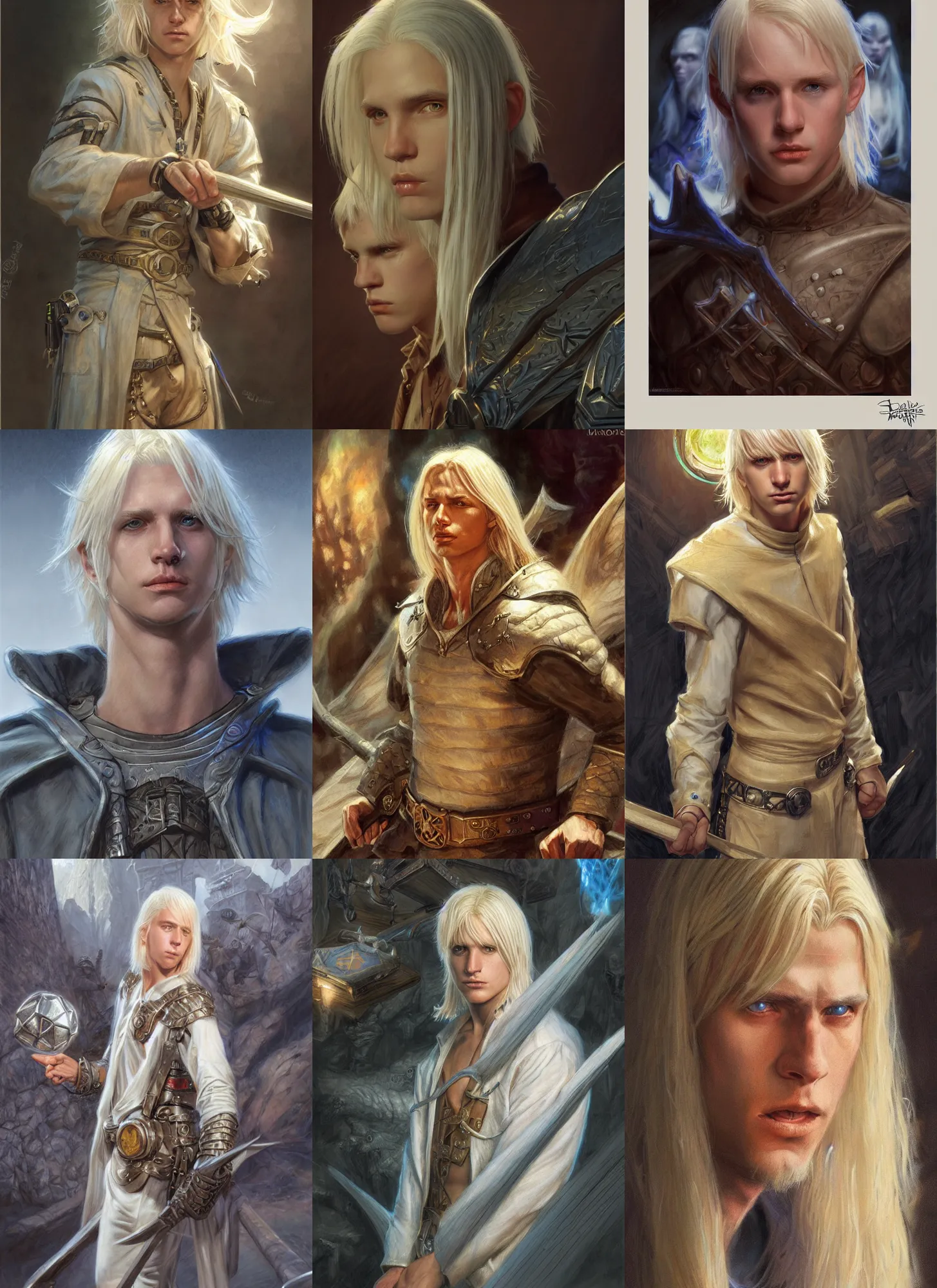 Prompt: a teenage white boy with platinum blonde hair, short to medium length hair, realistic, sorcerer, style by donato giancola, wayne reynolds, jeff easley dramatic light, high detail, cinematic lighting, artstation, dungeons and dragons