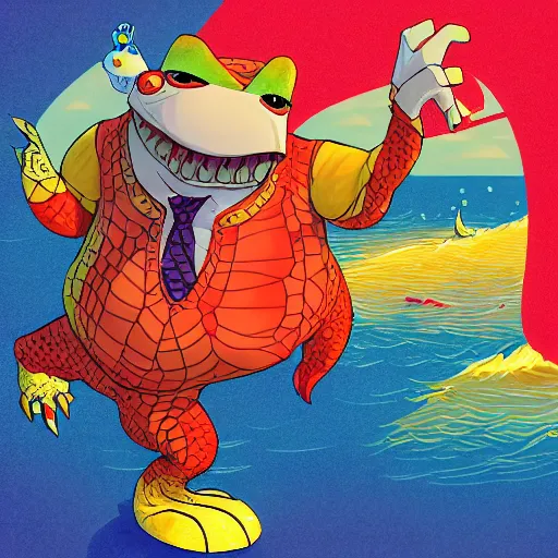 Prompt: in the style of loish, anthropomorphic alligator, red scales on his back, yellow scale on his belly and chest, male, waring a hawaiian shirt, in the style of zootopia