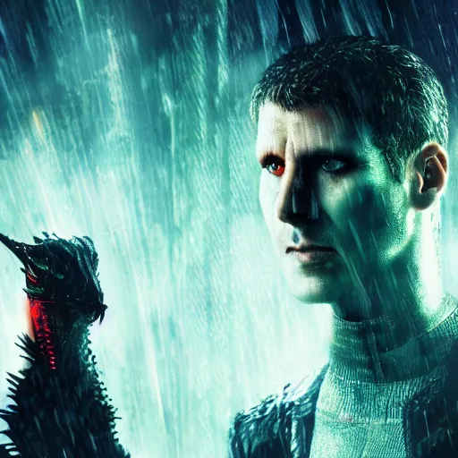 Image similar to blade runner style image of cyberpunk character and his baby dragon