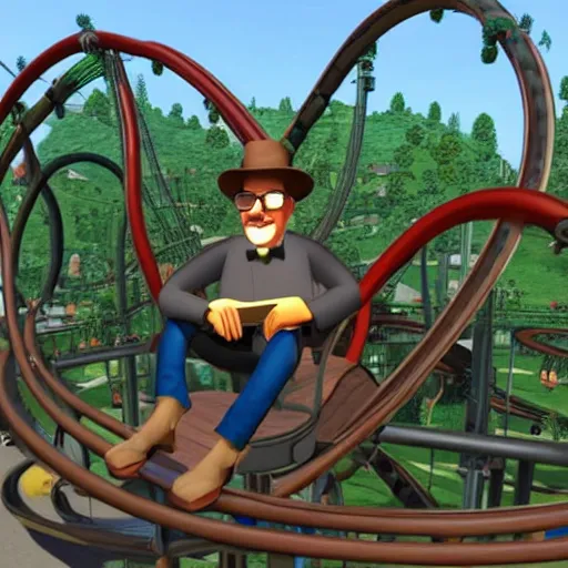 Image similar to Heisenberg sitting in a roller coaster, having a great time, in the style of rollercoaster tycoon 2