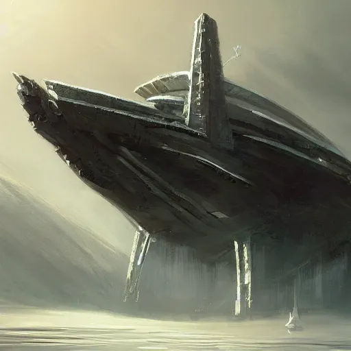 Prompt: concept art of a large space vessel in the shape of an spear by paul chadeisson