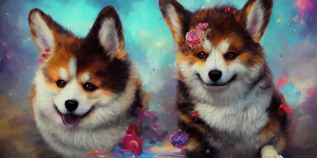 Prompt: beautiful painting of a fluffy corgi yakusa, by Rafael Grassetti, tristan eaton, Tom Bagshaw, trending on Artstation, 8k, masterpiece, graffiti paint, fine detail, full of color, intricate detail