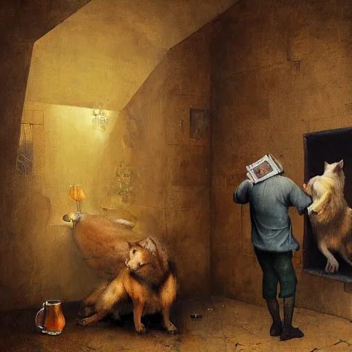 Image similar to young man in orange t - shirt hides his face behind box of guinness beer, two wolves on either of his sides by hieronymus bosch, greg rutkowski, anna podedworna