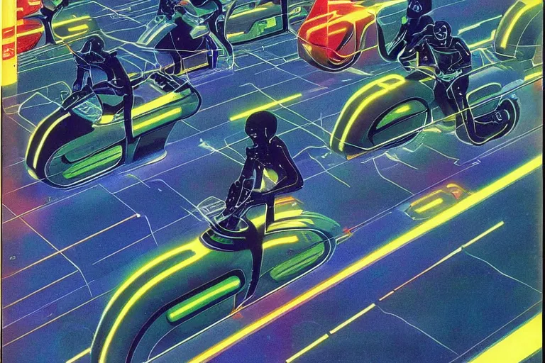 Prompt: 1979 OMNI Magazine Cover of a set of Tron Light Cycles on the Grid. in cyberpunk style by Vincent Di Fate