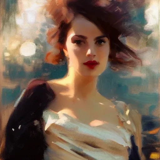 Image similar to beautiful and stunning portrait of a woman in a serene environment. by Antoine Blanchard and John Singer Sargent, trending on artstation 8k hq, art deco, cinematic lighting