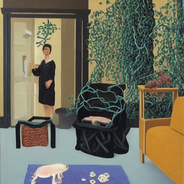 Prompt: a female pathology student in her apartment, wrapped in vines, medical equipment, stepping stones, octopus, first aid kit, pig, black walls, ikebana, black armchair, sculpture, acrylic on canvas, surrealist, by magritte and monet