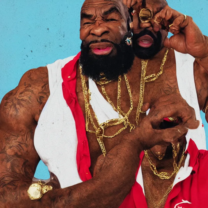 Image similar to mr. t pitying a fool, stylized photo, gold chains, stylized digital art