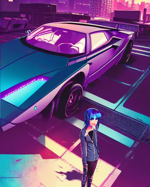 Image similar to digital illustration of cyberpunk pretty girl with blue hair, looking at a purple lamborghini, in junkyard at night, by makoto shinkai, ilya kuvshinov, lois van baarle, rossdraws, basquiat