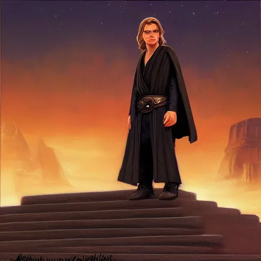 Image similar to anakin at the steps of the jedi temple, oil paint, concept art, art station, highly detailed, nighttime
