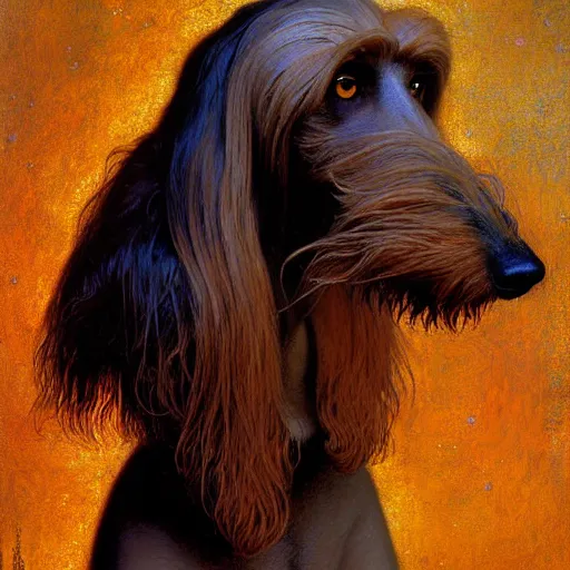 Image similar to portrait of a male furry afghan hound dog in a swimsuit. shadowrun furaffiniy cyberpunk fantasy highly detailed painting by gaston bussiere craig mullins jc leyendecker gustav klimt artgerm greg rutkowski john berkey, bergey, craig mullins, ruan jia, raymond swanland, jeremy mann, tom lovell, alex malveda