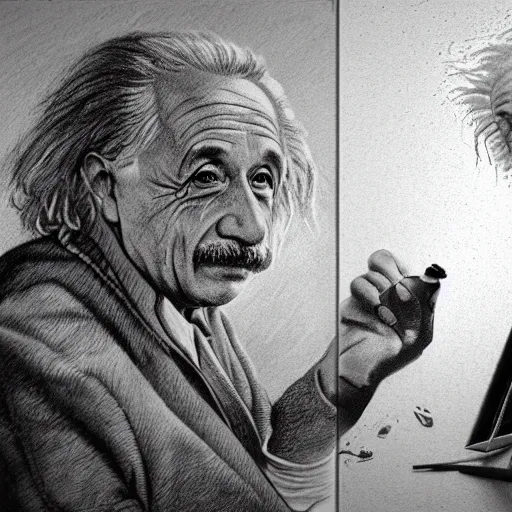 Image similar to Einstein and Newton speaks each other on a topic, pencil drawing, ultra detailed, octane render