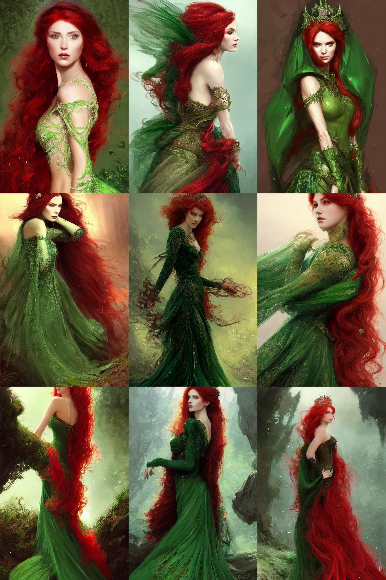 Prompt: red - haired queen, beautiful, feminine, pretty, long - hair, all covered green - black dress and veil, fantasy, dressed!!!! intricate, elegant, highly detailed, digital painting, artstation, concept art, smooth, sharp focus, illustration, art by gaston bussiere and greg rutkowski
