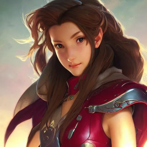 Prompt: aerith gainsborough in destiny warlock armor, beautiful face!!!!, 2 7 years old, cg animation, realistic, character select portrait, by artgerm, greg rutkowski, alphonse mucha, 3 d