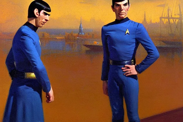 Image similar to young spock ( leonard nimoy ), the vulcan officer from star trek, in his blue and gold uniform, standing on the bridge of the enterprise. oil painting in the style of edward hopper and ilya repin gaston bussiere, craig mullins. warm colors. detailed and hyperrealistic.