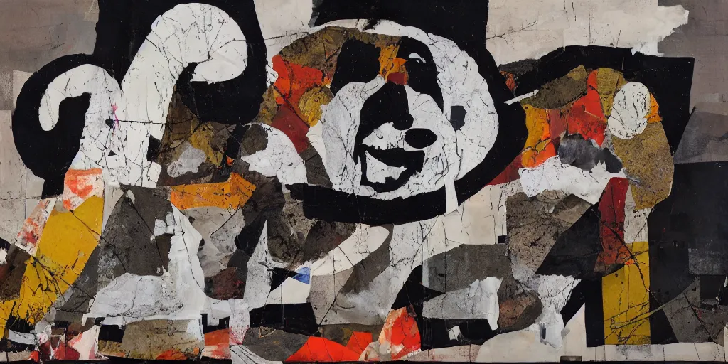 Prompt: mad dog on a chain, collage, sweeping paper and acrylic on canvas, minimalism and expressionism movement, breathtaking detailed, by blake neubert