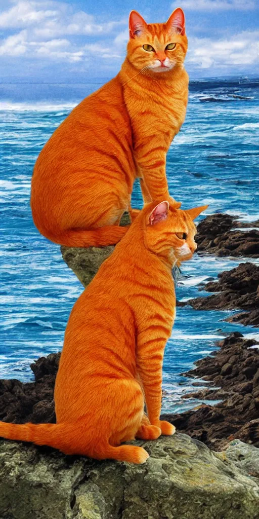 Prompt: orange tabby cat sitting on a rock looking over the ocean, tarot card