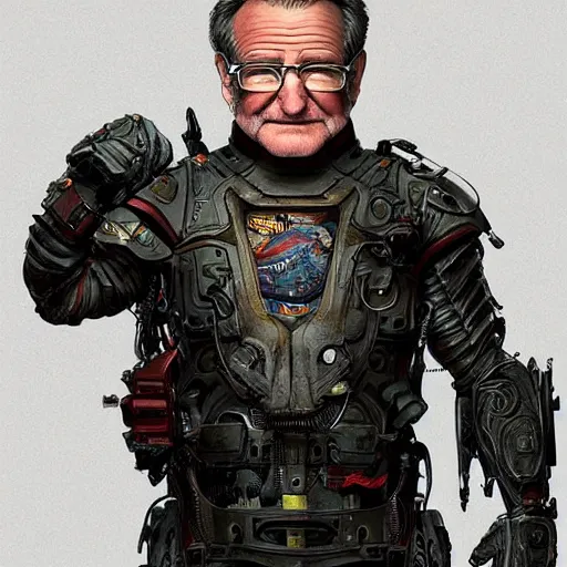 Image similar to Very very very very highly detailed epic photo of Robin Williams, intricate, dystopian, sci-fi, extremely detailed, digital painting, artstation, concept art, smooth, sharp focus, illustration, intimidating lighting, incredible art by Artgerm and Vincent di Fate