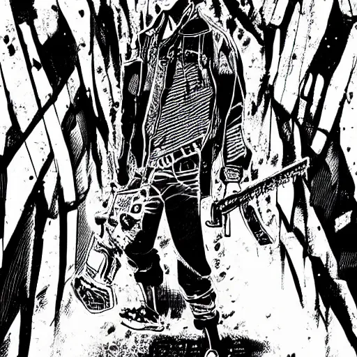 Prompt: a highly detailed panel from the chainsaw man manga with a full body shot of chainsaw man looking cool
